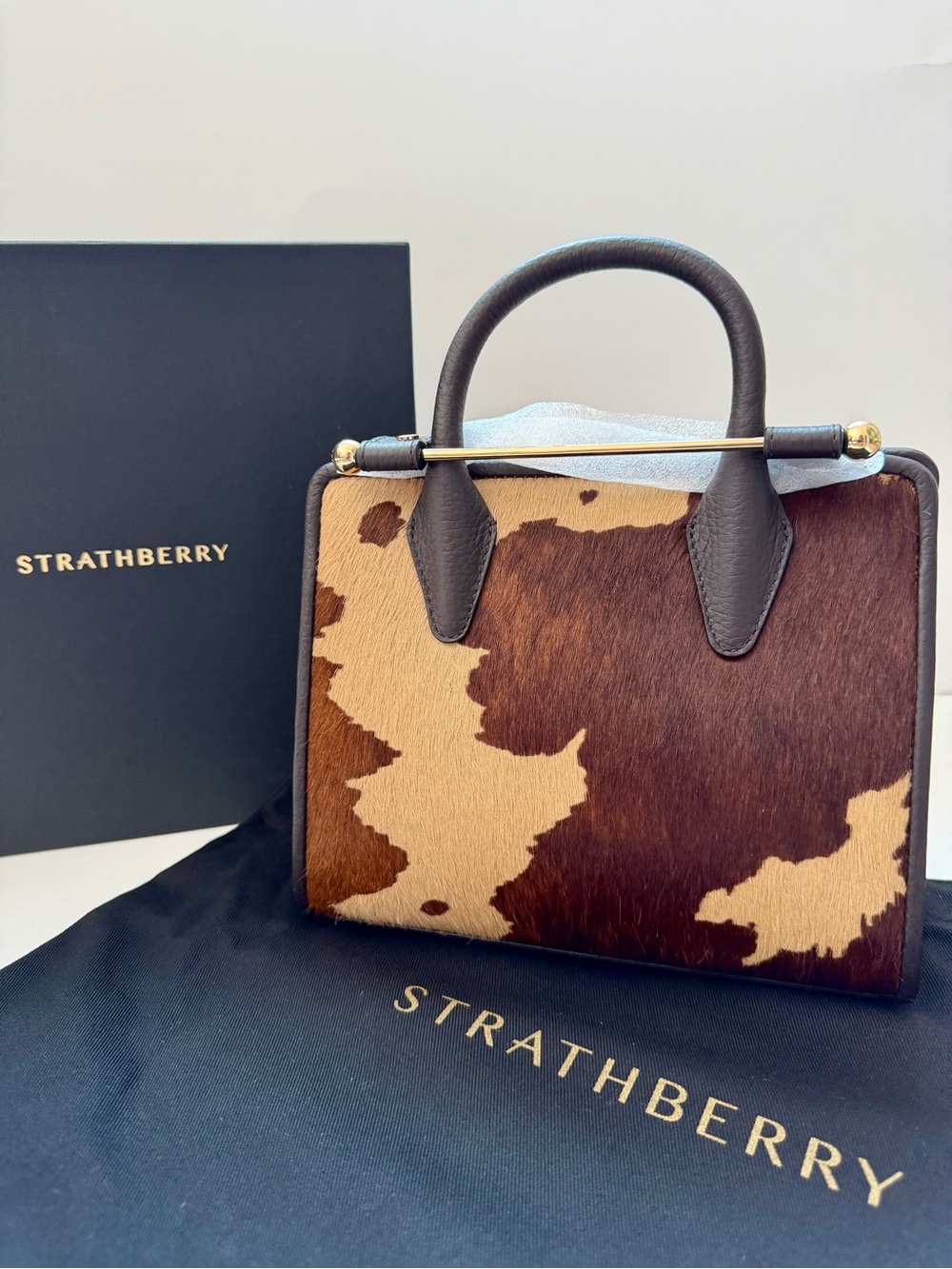 NEW! Strathberry Mini Tote Cow Print Calf Hair Leather Handbag Brown